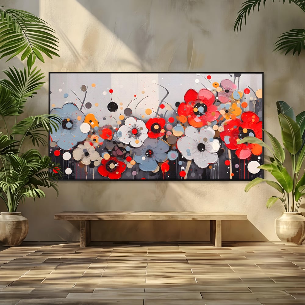 Tablou canvas cu pictura canvas cu flori colorate in relief, in rama de aluminiu negru